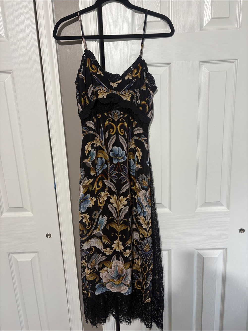 FARM Rio Black Floral Lace-Trim Midi Slip Dress